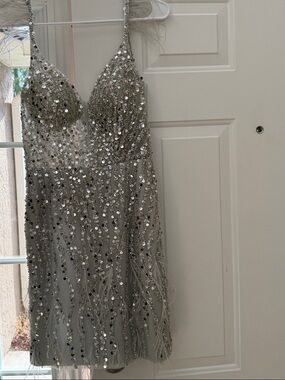 Gianni Bini Silver Sequin Mini Dress with Feather Straps